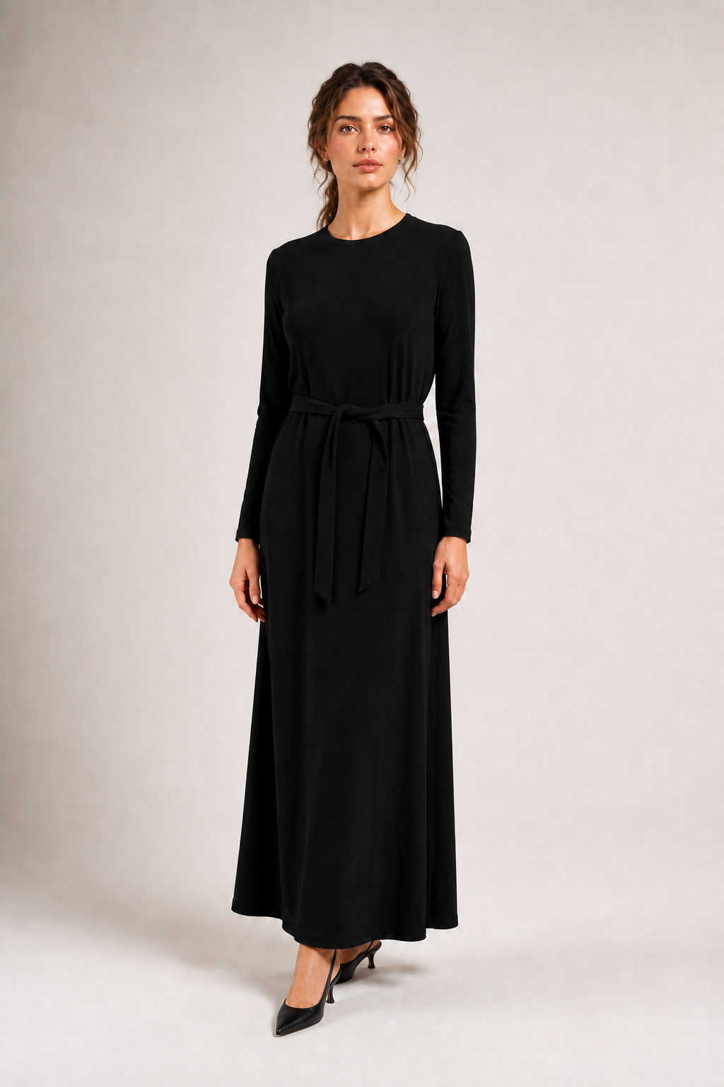 Daniella Faye Empress maxi swing dress in black — modest women's FW26 collection, view 1