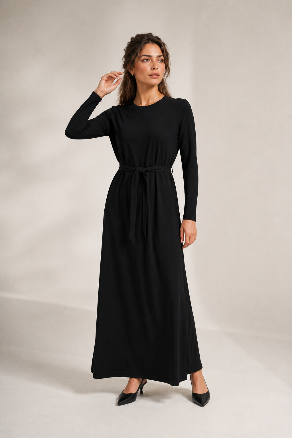 Daniella Faye Empress maxi swing dress in black — modest women's FW26 collection, view 2