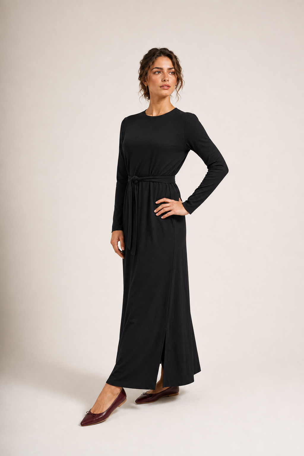 Daniella Faye Empress maxi swing dress in black — modest women's FW26 collection, view 3