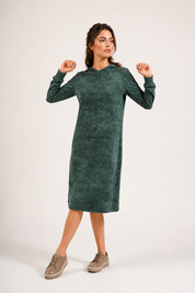 Daniella Faye Haven pullover hoodie dress in forest green — modest women's FW26 collection, view 1