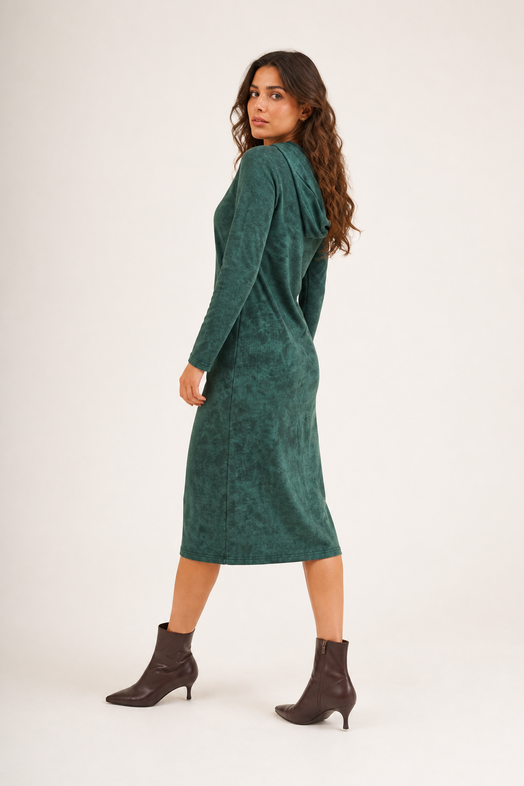 Daniella Faye Haven pullover hoodie dress in forest green — modest women's FW26 collection, view 2