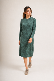 Daniella Faye Haven pullover hoodie dress in forest green — modest women's FW26 collection, view 3
