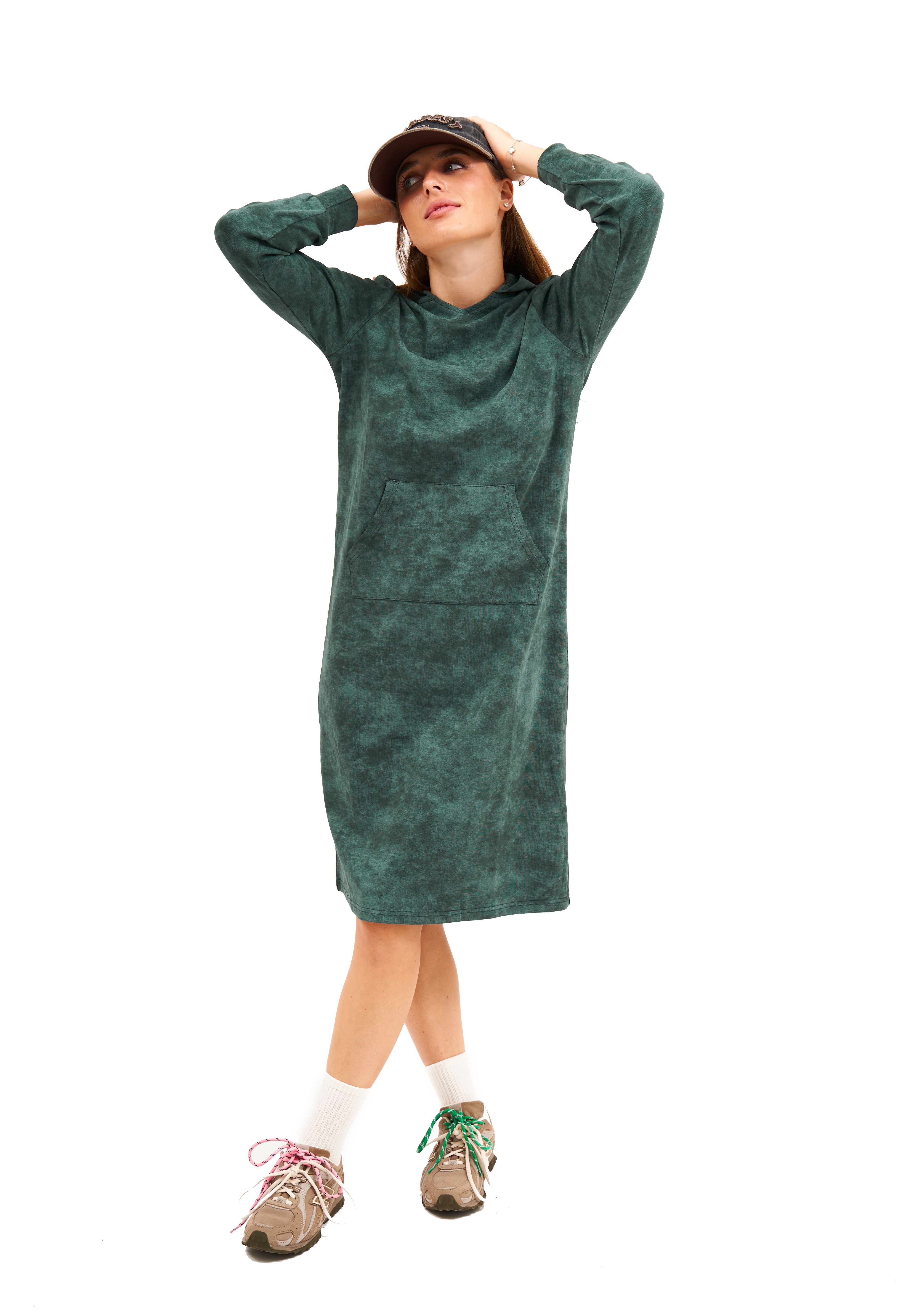 Daniella Faye Haven pullover hoodie dress in forest green — modest women's FW26 collection, photo 1