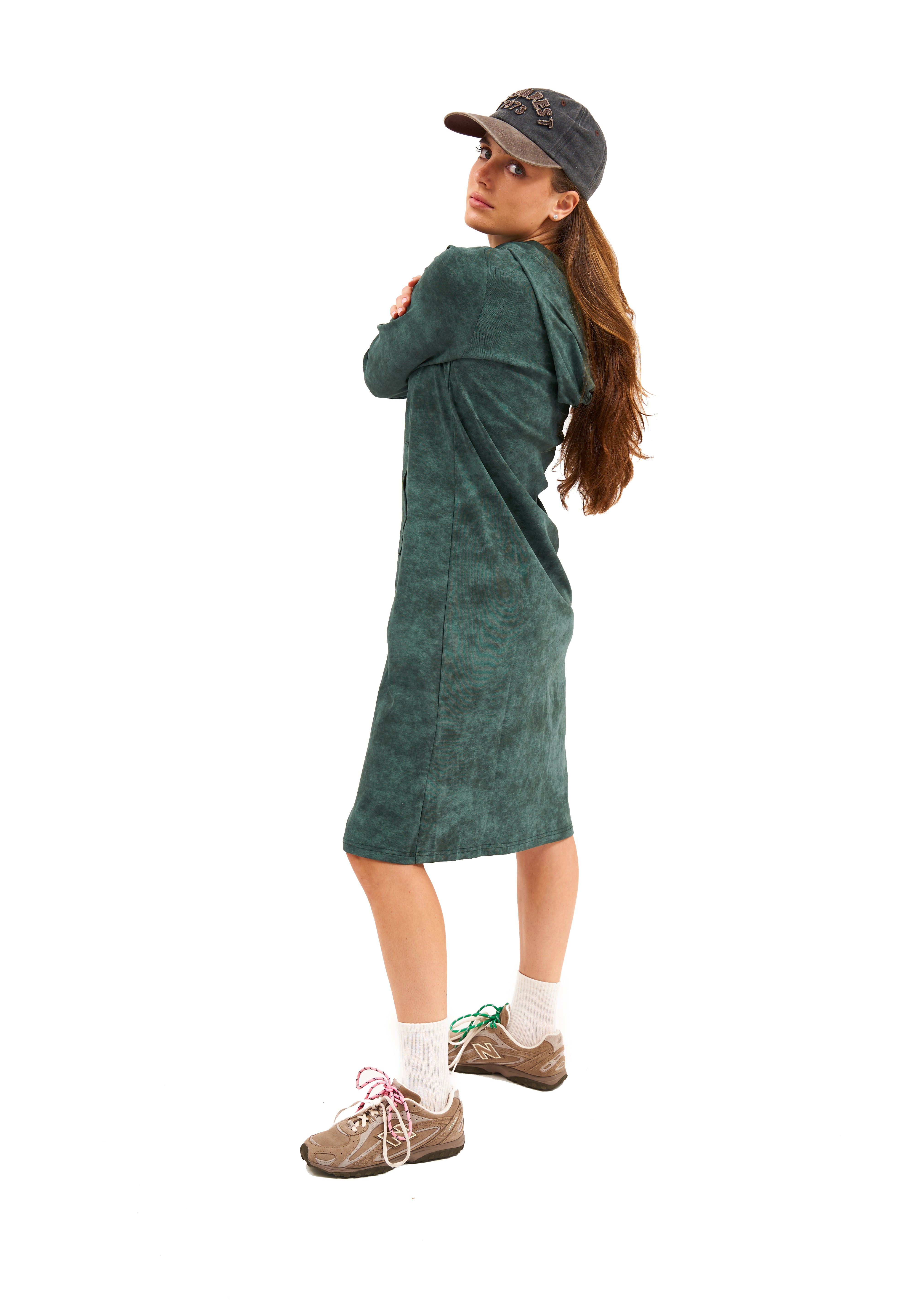 Daniella Faye Haven pullover hoodie dress in forest green — modest women's FW26 collection, photo 3