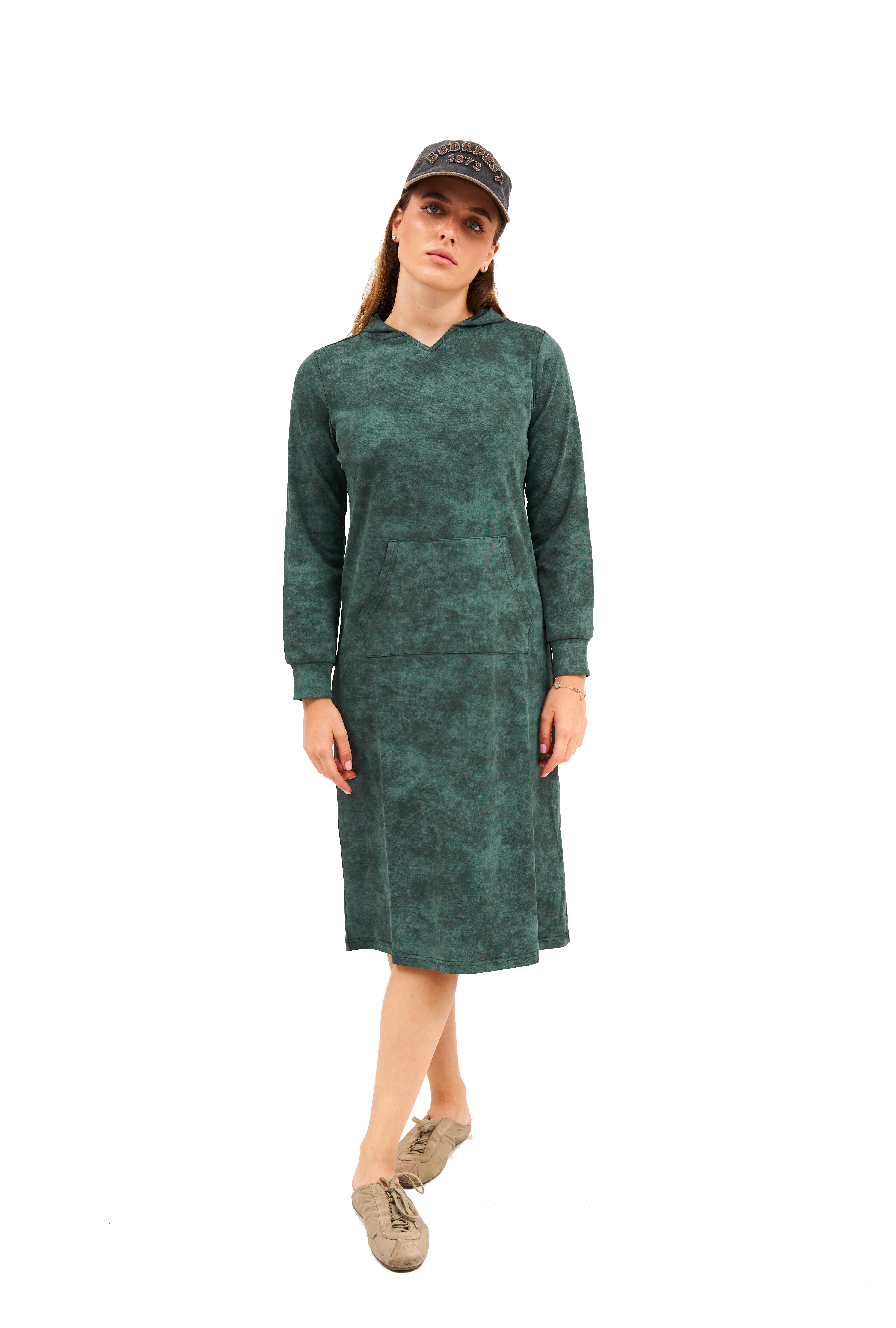 Daniella Faye Haven pullover hoodie dress in forest green — modest women's FW26 collection, photo 4