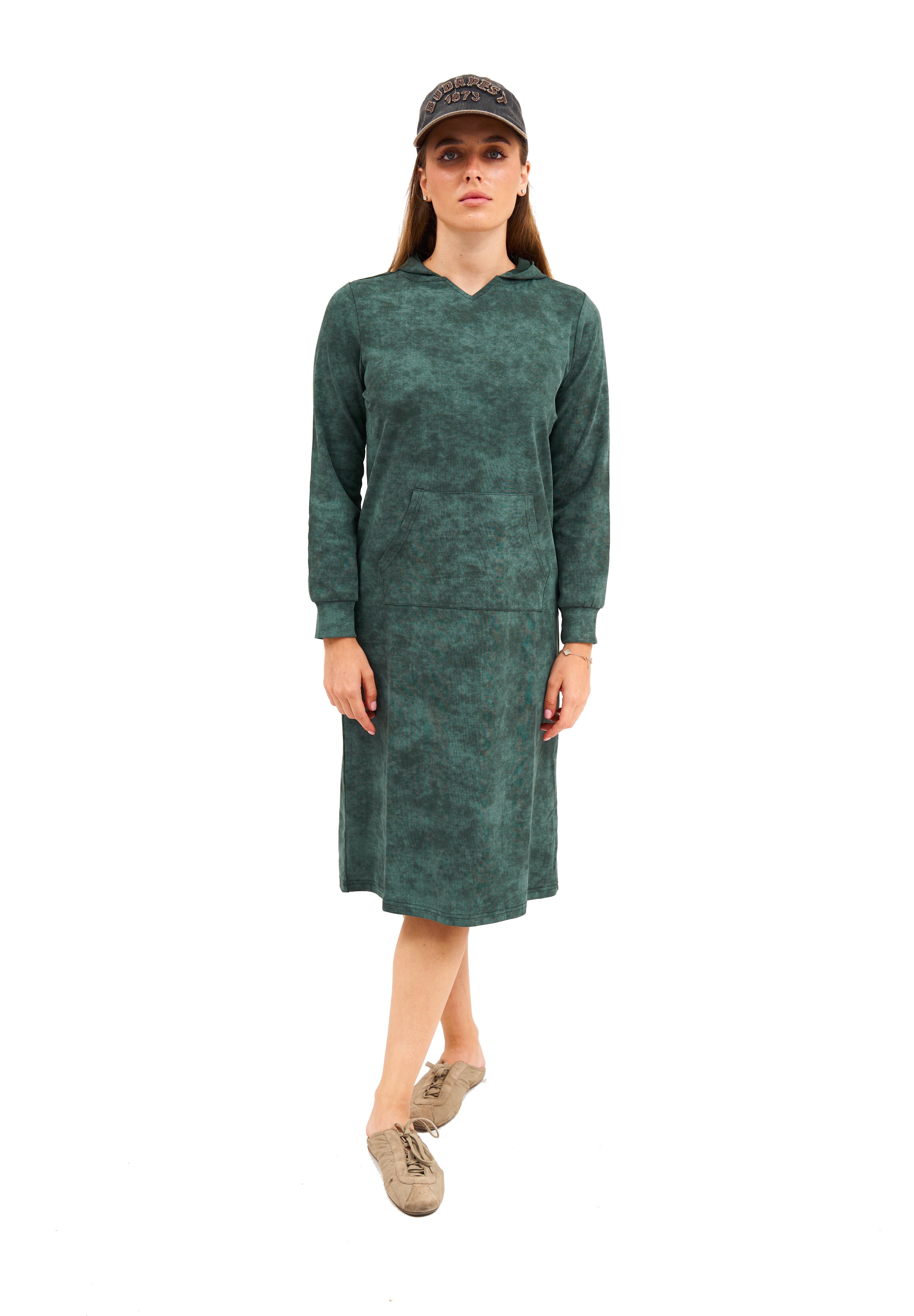 Daniella Faye Haven pullover hoodie dress in forest green — modest women's FW26 collection, photo 5