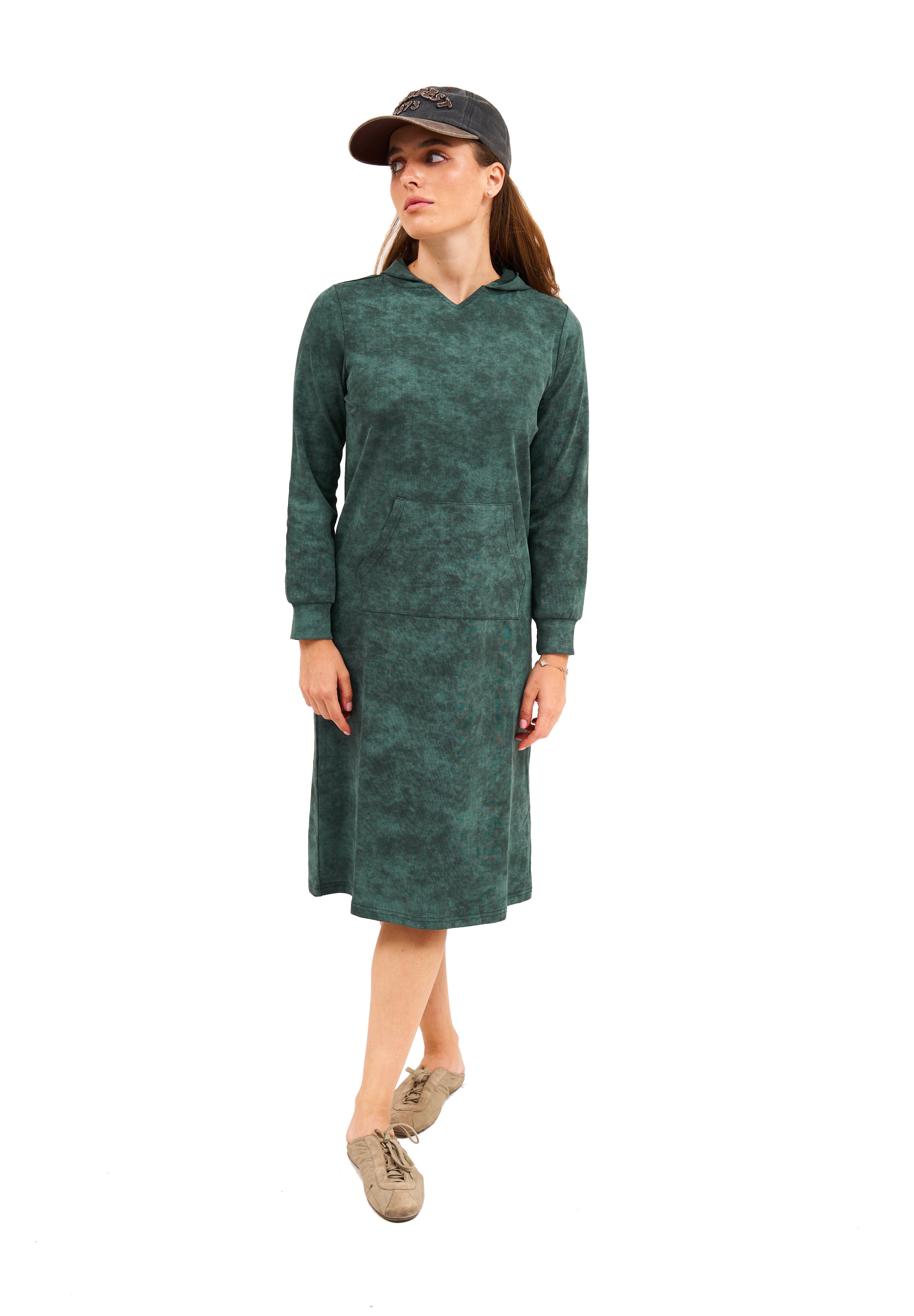 Daniella Faye Haven pullover hoodie dress in forest green — modest women's FW26 collection, photo 6