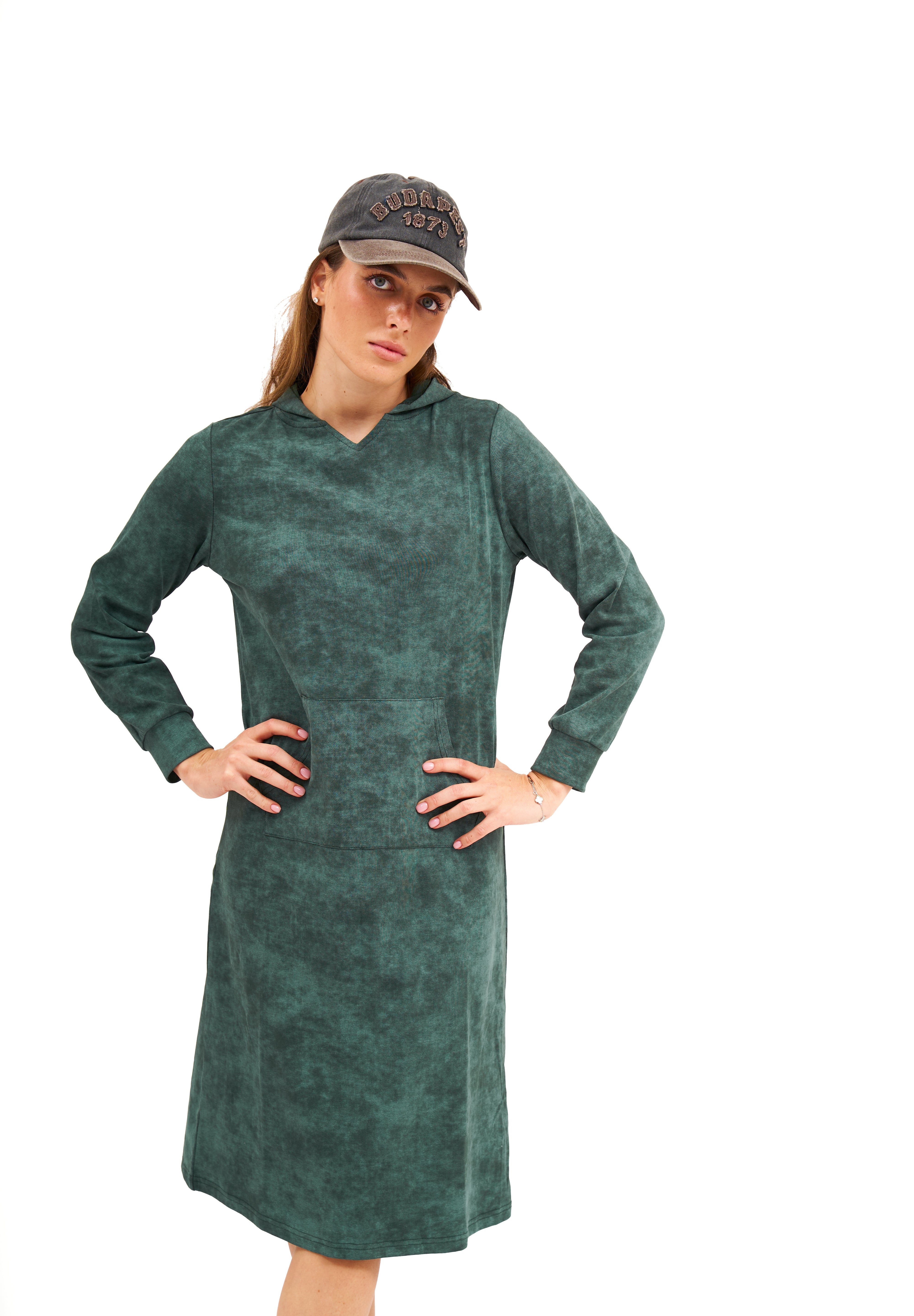Daniella Faye Haven pullover hoodie dress in forest green — modest women's FW26 collection, photo 7