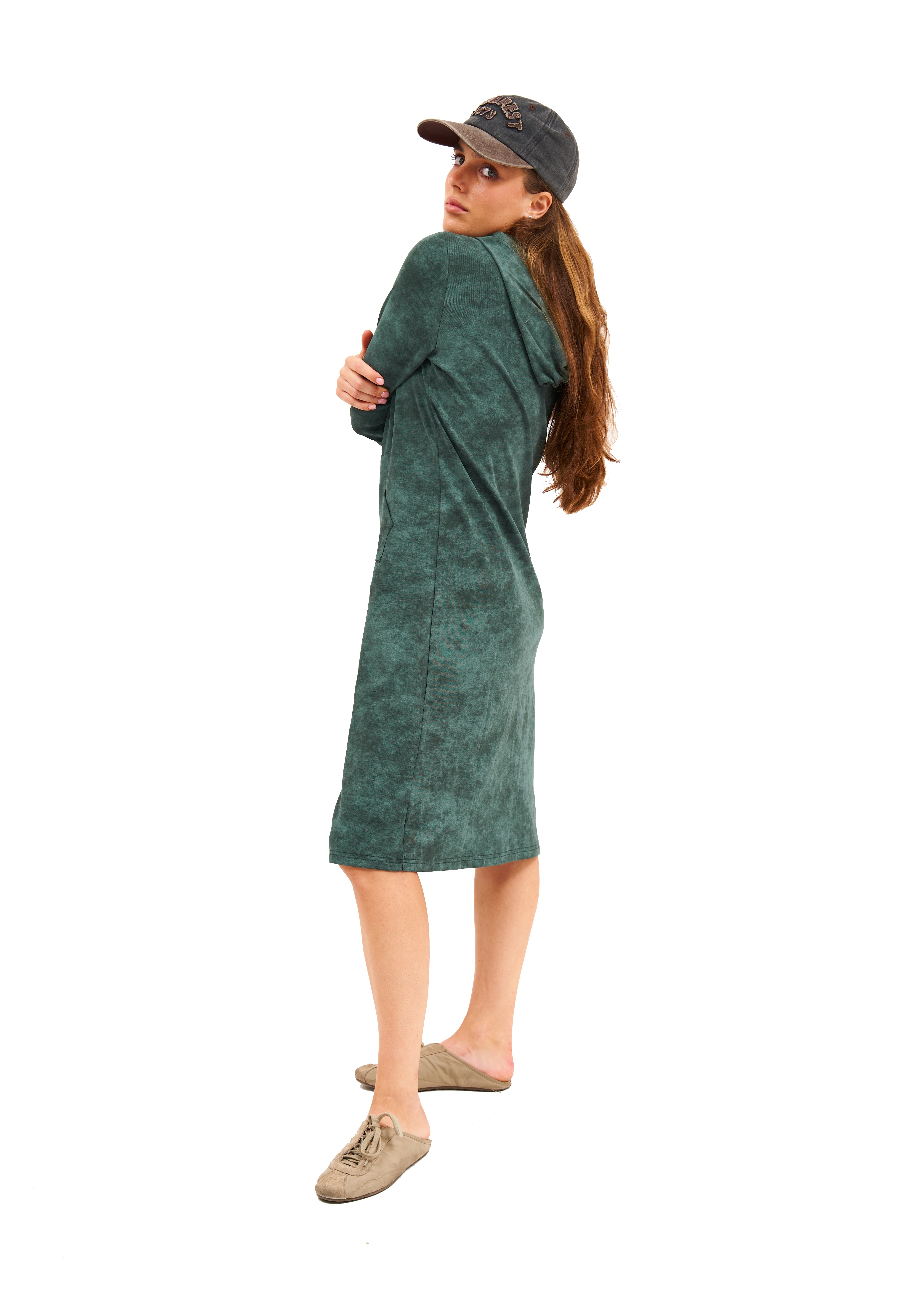 Daniella Faye Haven pullover hoodie dress in forest green — modest women's FW26 collection, photo 8