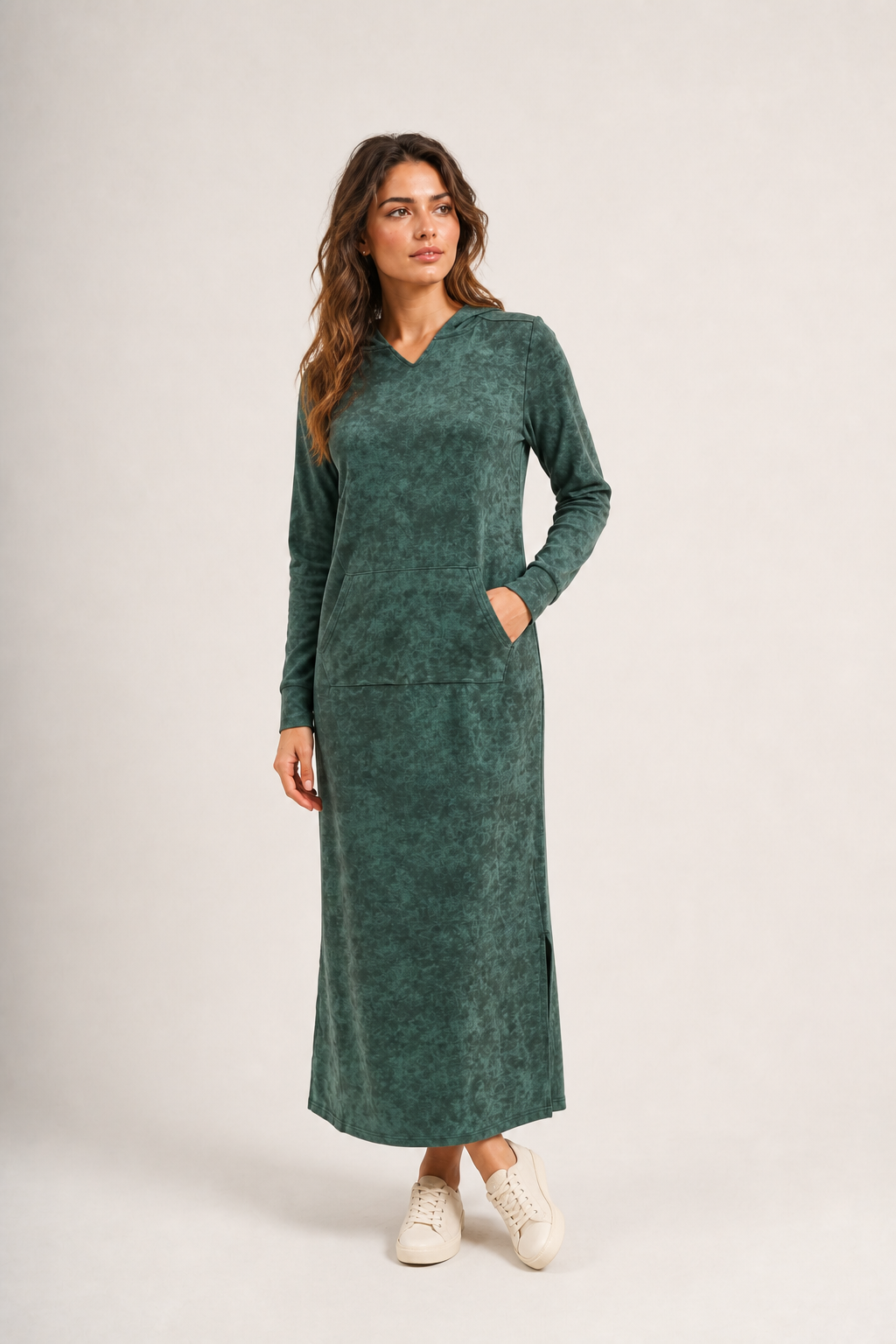 Daniella Faye Haven pullover hoodie maxi dress in forest green — modest women's FW26 collection, view 1