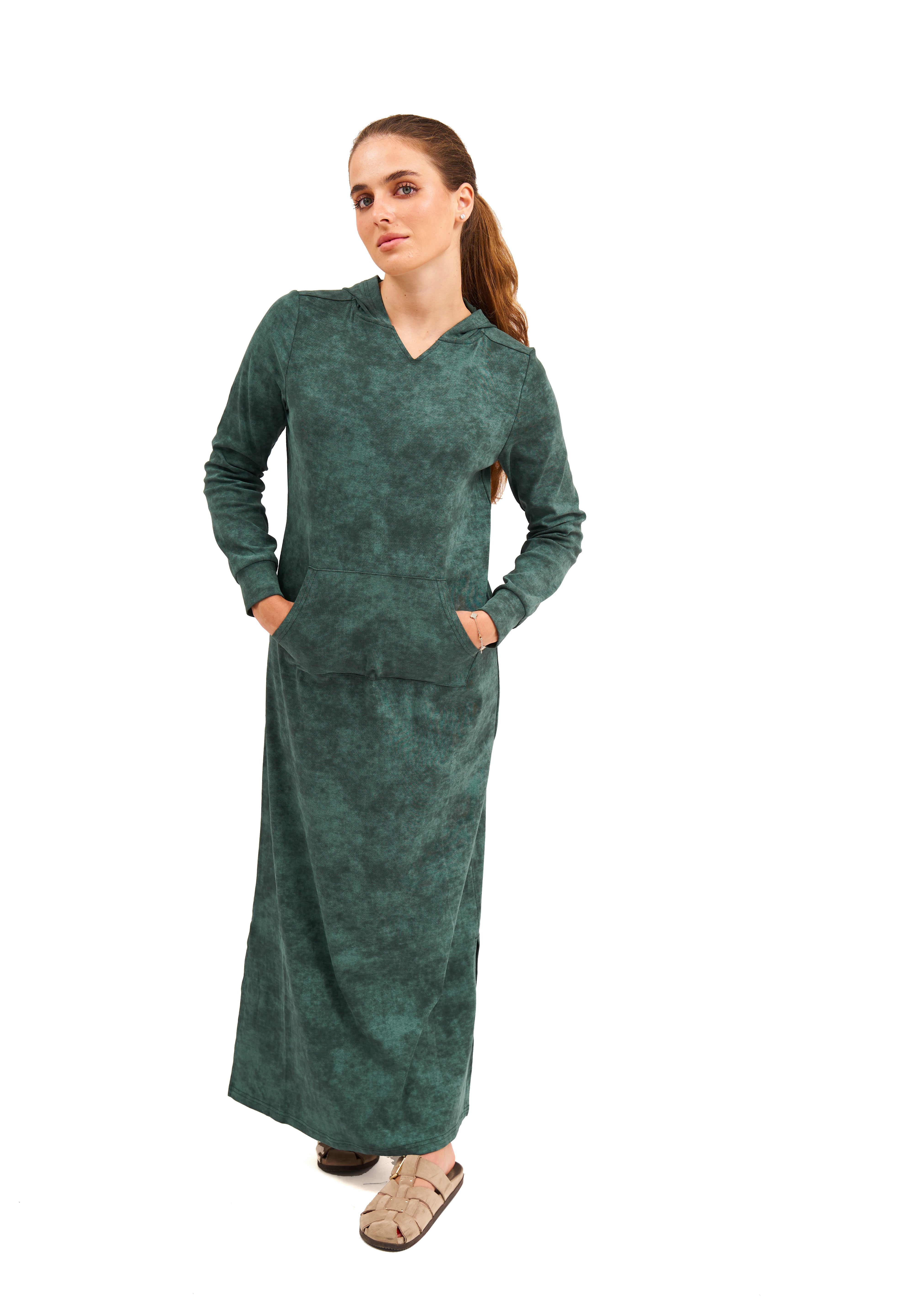 Daniella Faye Haven pullover hoodie maxi dress in forest green — modest women's FW26 collection, photo 1