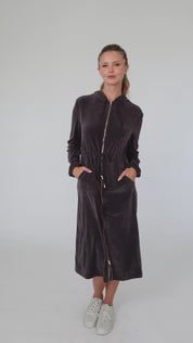 Modest Chocolate Velvet Hoodie Long Dress – Women's Fashion