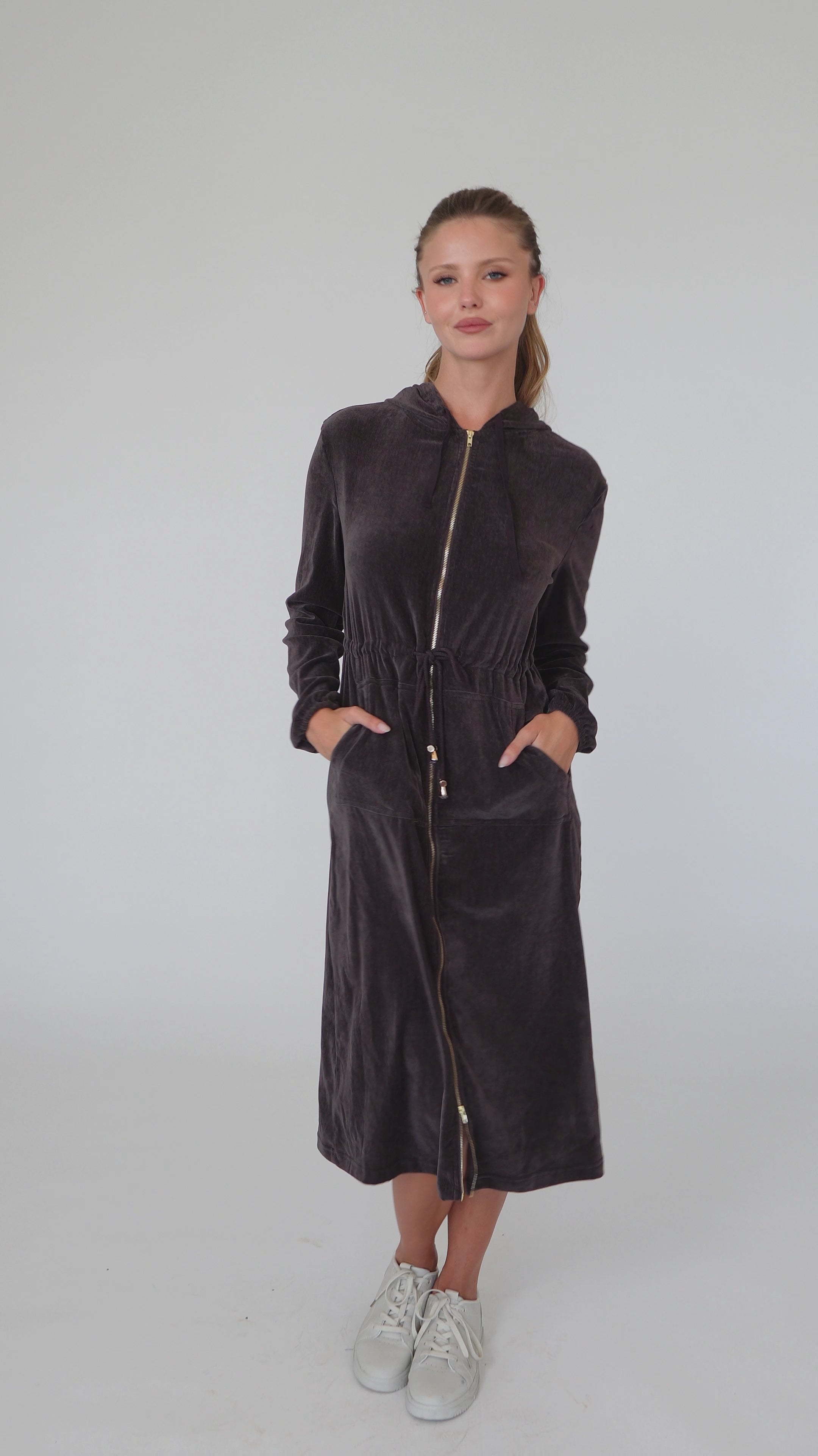 Modest Chocolate Velvet Hoodie Long Dress – Women's Fashion