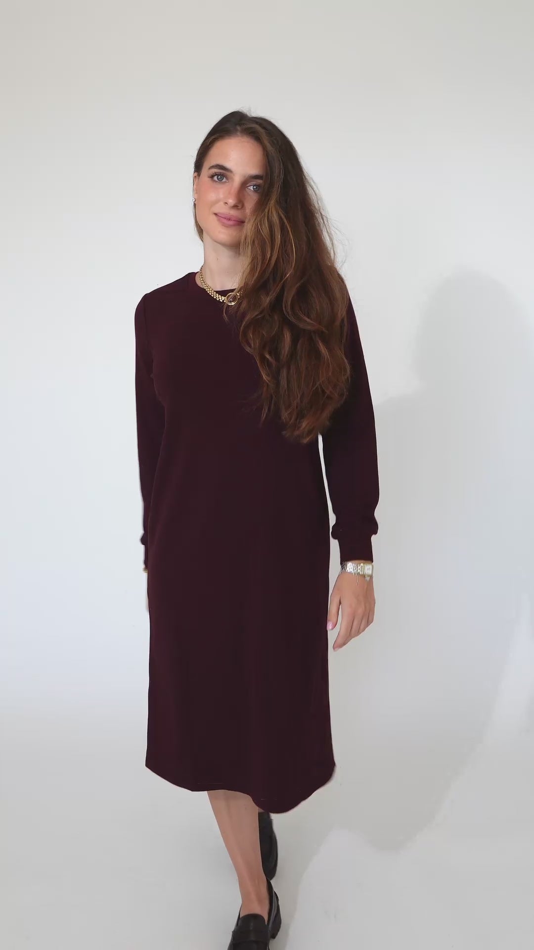 Atelier Modest Sweatshirt Dress for Women | Puff Sleeve Elegant Knit Dress | Merlot