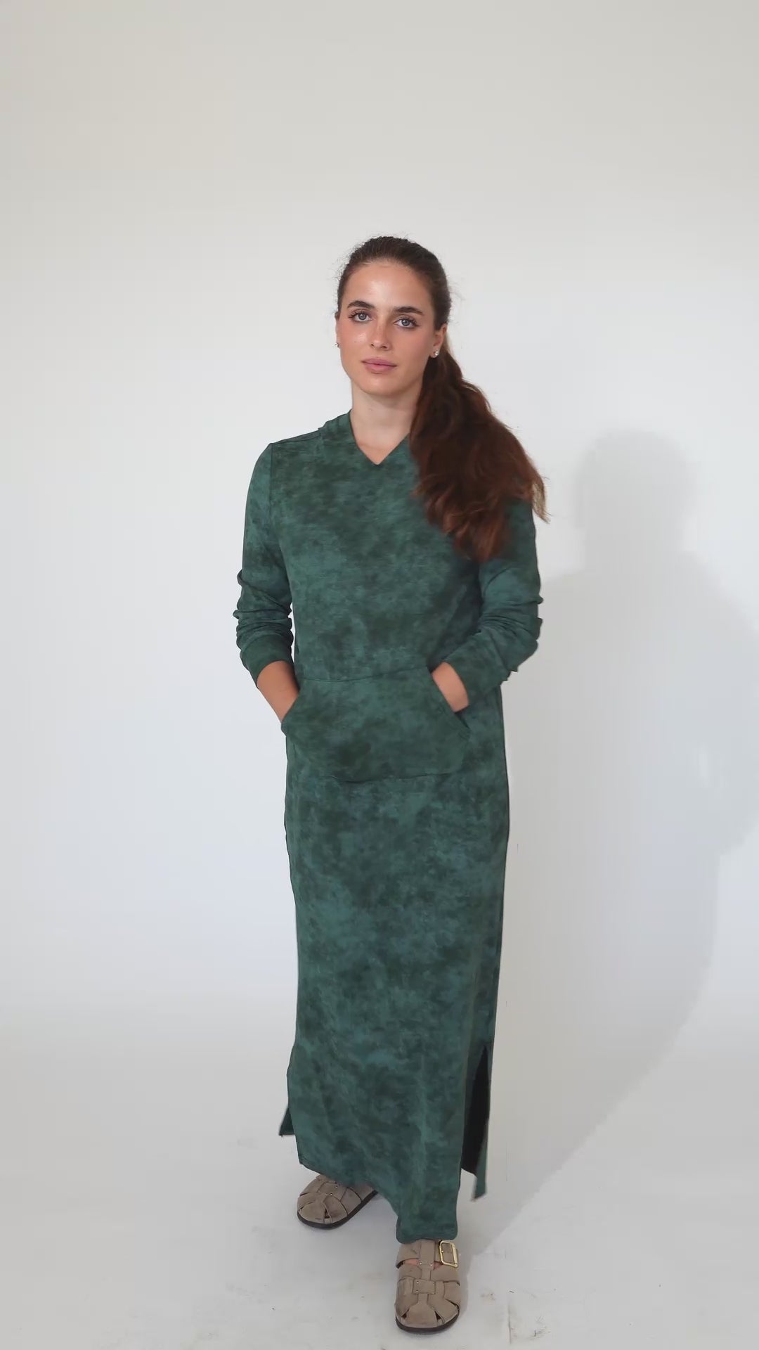 Haven Modest Maxi Hoodie Dress for Women | Casual Long Sleeve Knit Dress | Forest Green