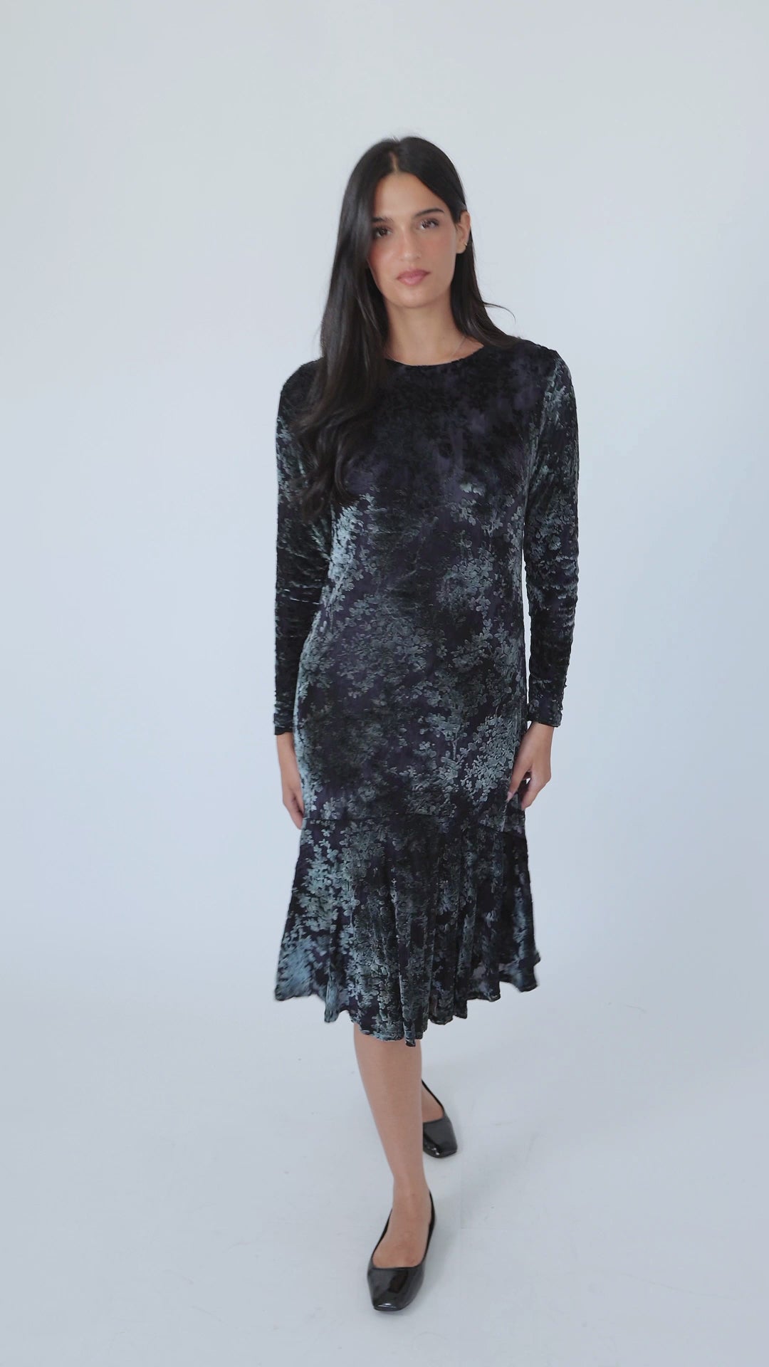 Anthro Ruffle Velvet Floral Dress: Grey