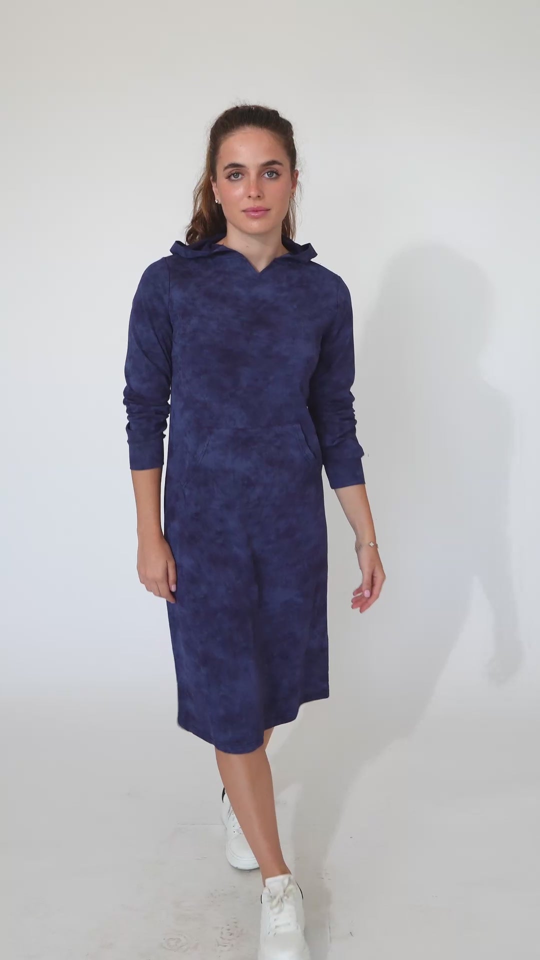Affinity Modest Hoodie Dress for Women | Casual Long Sleeve Knit Dress | Dark Blue Denim Wash
