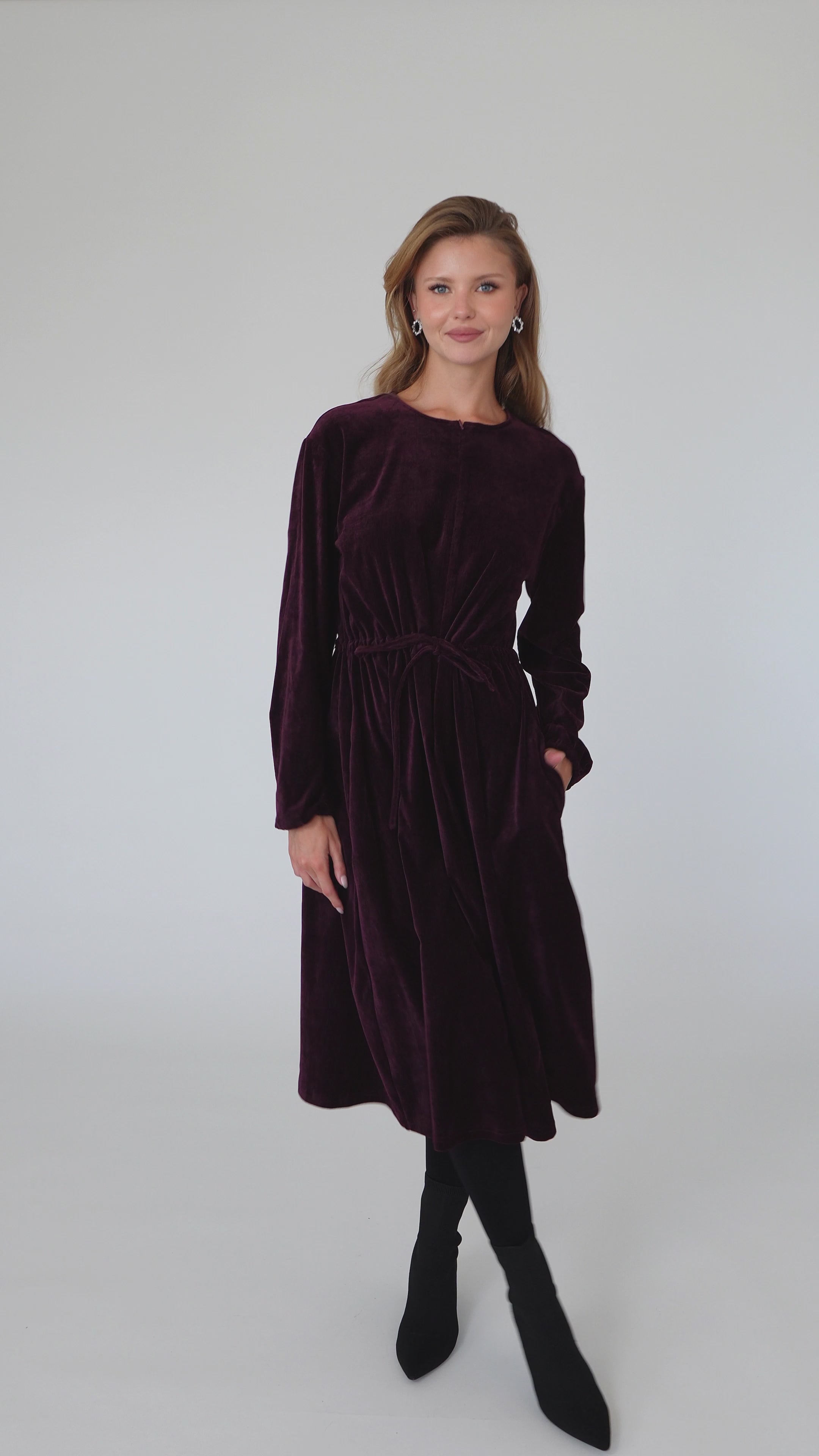Modest Bordeaux Velvet Lia Dress – Women's Elegant Fashion