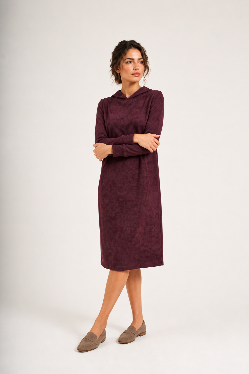 Daniella Faye Serenity pullover hoodie dress in plum — modest women's FW26 collection, view 1