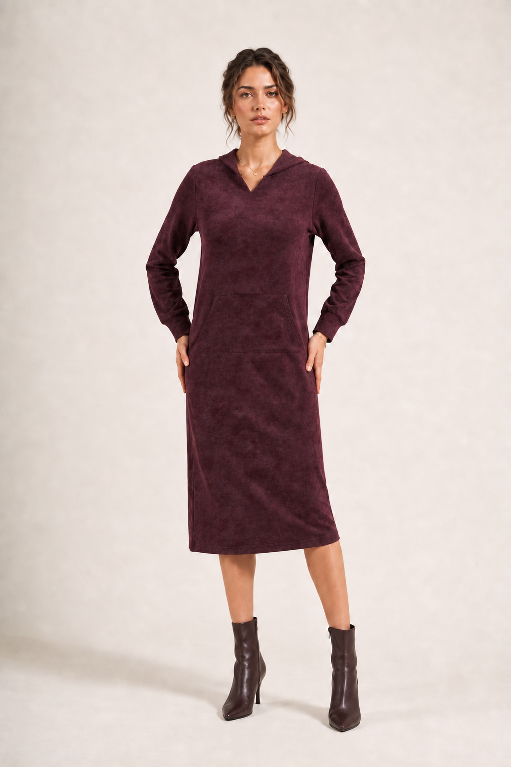 Daniella Faye Serenity pullover hoodie dress in plum — modest women's FW26 collection, view 2