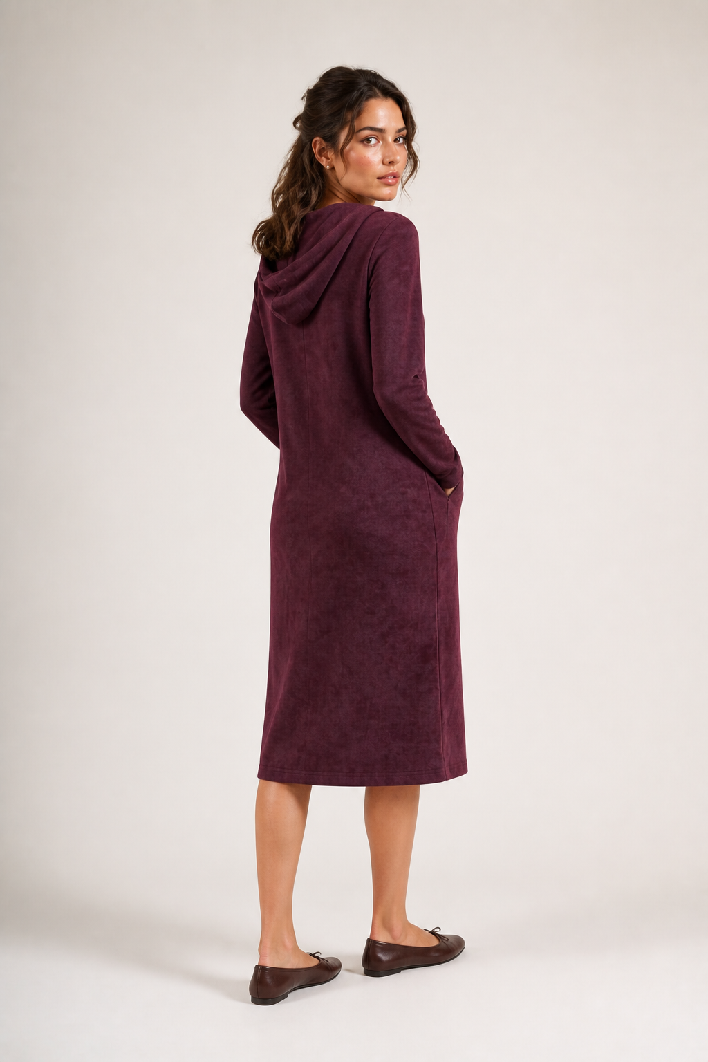 Daniella Faye Serenity pullover hoodie dress in plum — modest women's FW26 collection, view 4