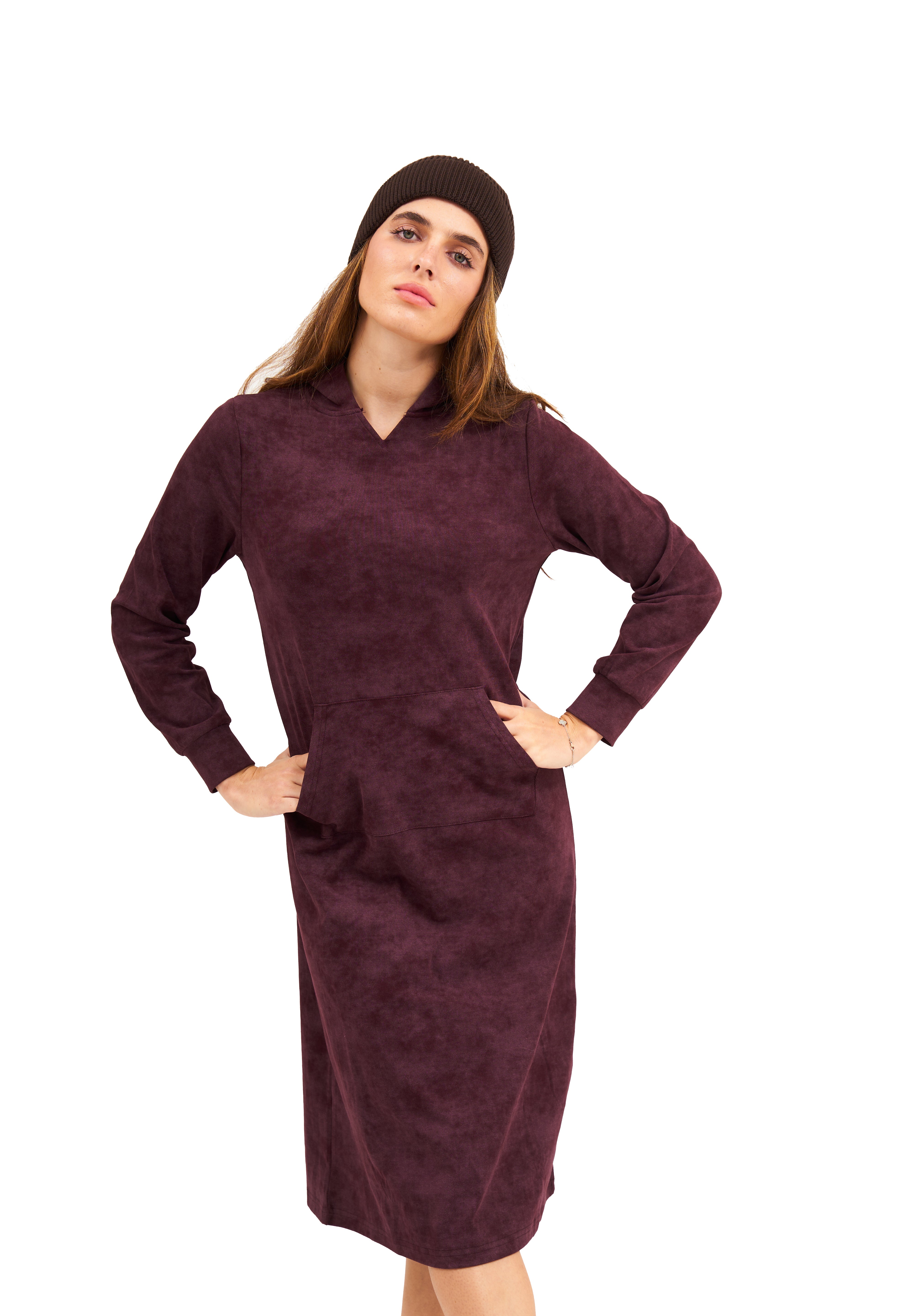 Daniella Faye Serenity pullover hoodie dress in plum — modest women's FW26 collection, photo 2