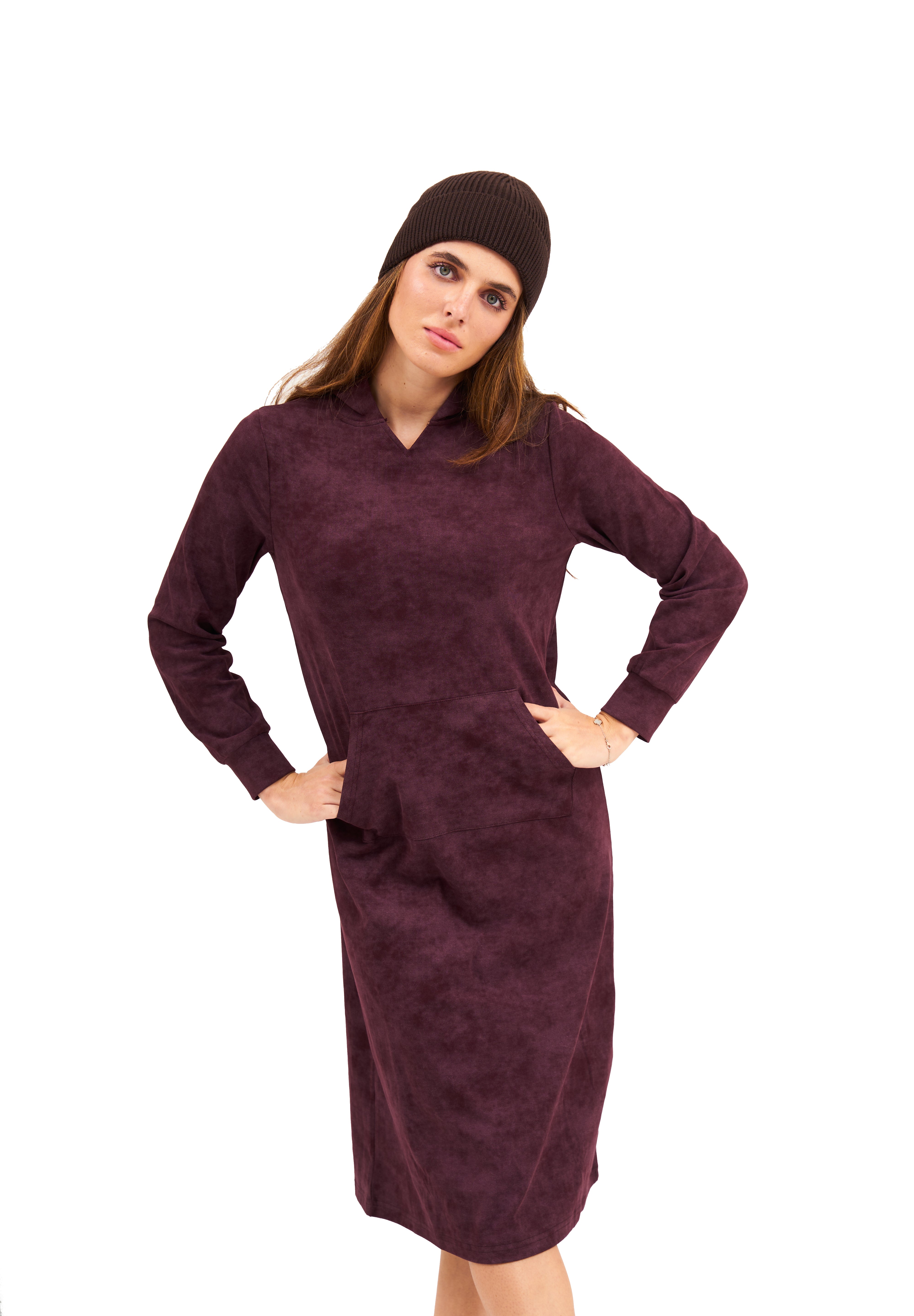 Daniella Faye Serenity pullover hoodie dress in plum — modest women's FW26 collection, photo 3